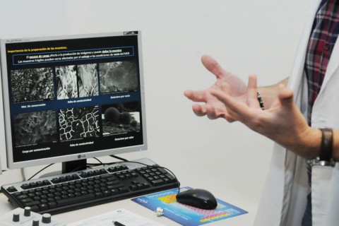 Detalle en la pantalla de lo que muestra la visión del microscopio